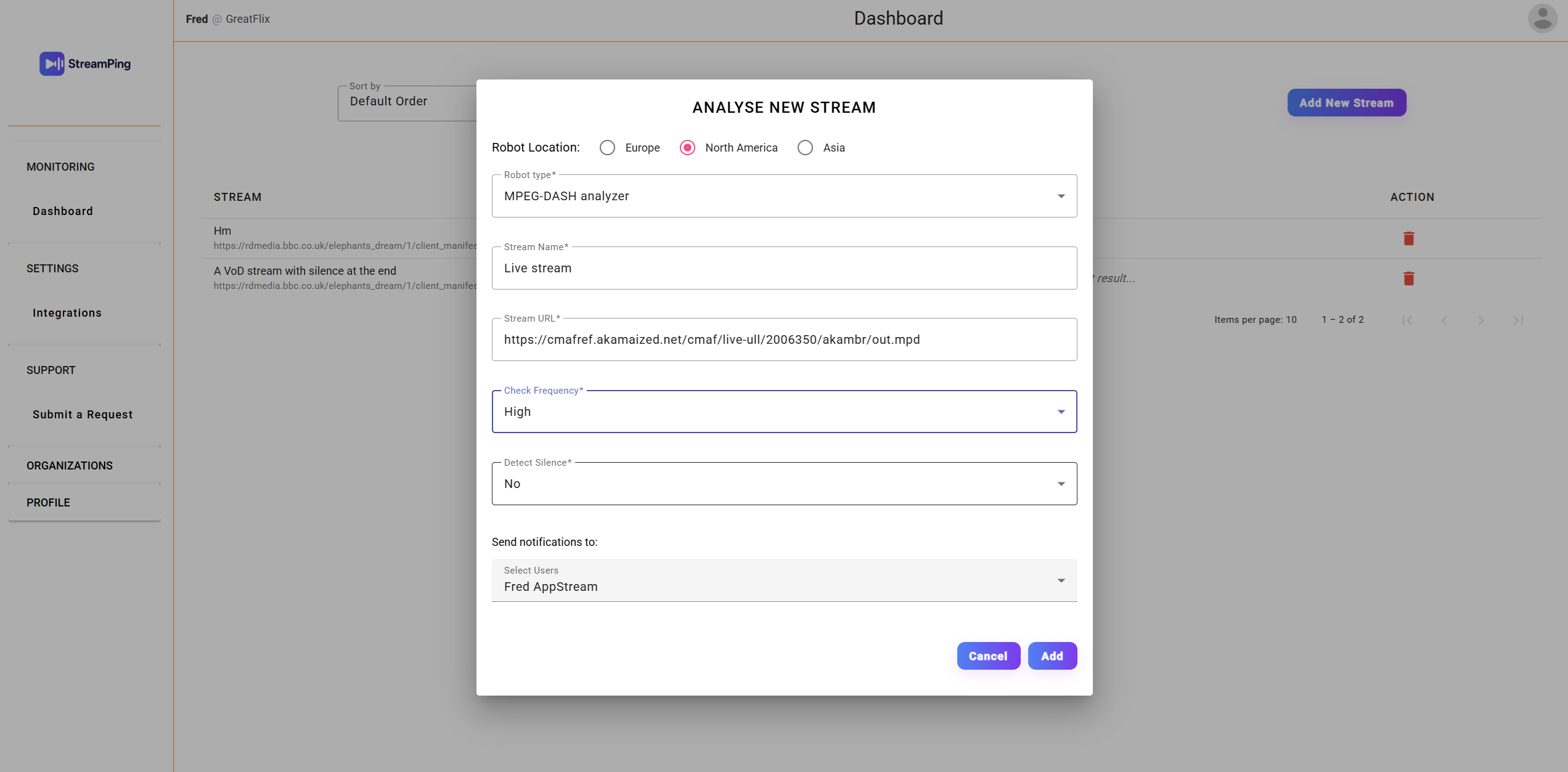 StreamPing : Add a live stream for continuous monitoring